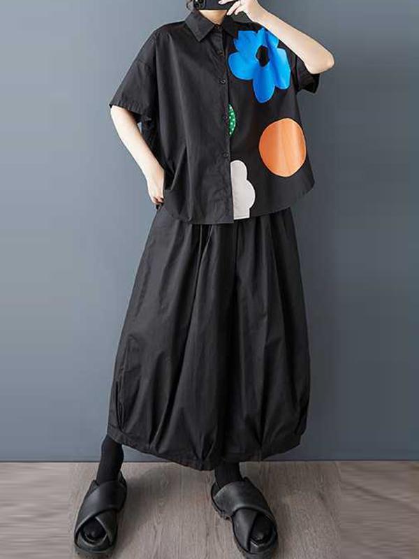 Loose Short Sleeves Buttoned Flower Print Lapel Blouses&Shirts Tops Product Image