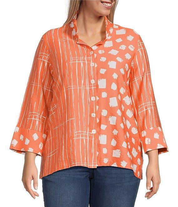 Ali Miles Plus Size Woven Printed Wire Collar 3/4 Sleeve Button-Front Tunic Product Image