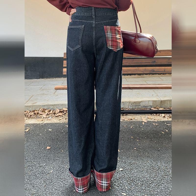 Plus Size High Rise Plaid Lining Wide Leg Jeans Product Image