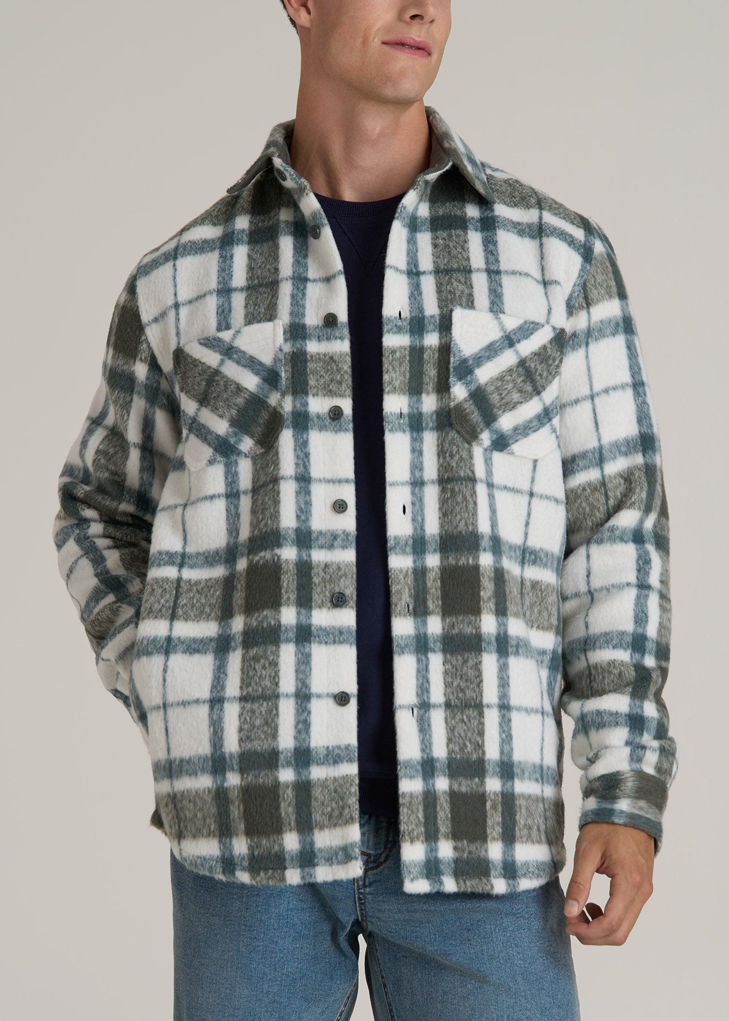Brushed Flannel Overshirt for Tall Men in Ecru and Green Plaid Male Product Image