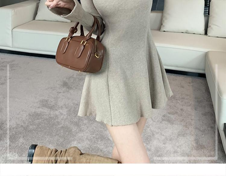 Flared-Cuff V-Neck Plain Mini Knit Dress Product Image