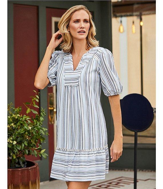 Nurture Stripe Print Elbow Sleeve V-Neck Short A-Line Dress Product Image