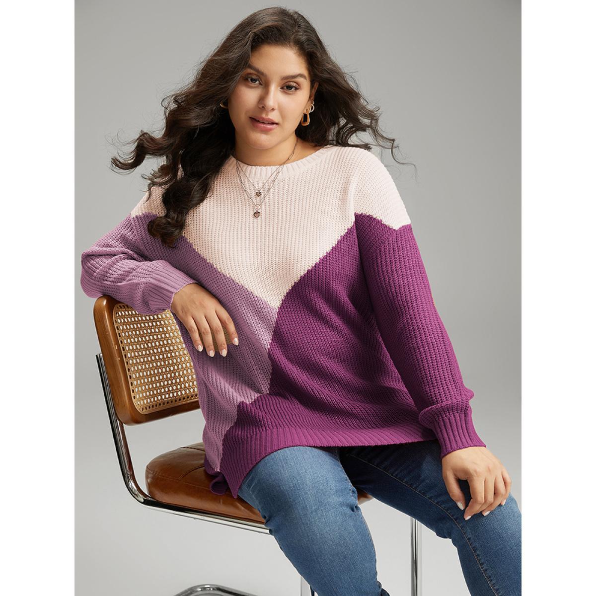 Plus Size Colorblock Split Side Drop Shoulder Pullover RedViolet Women Casual Loose Long Sleeve Round Neck Dailywear Pullovers BloomChic 10/M Product Image