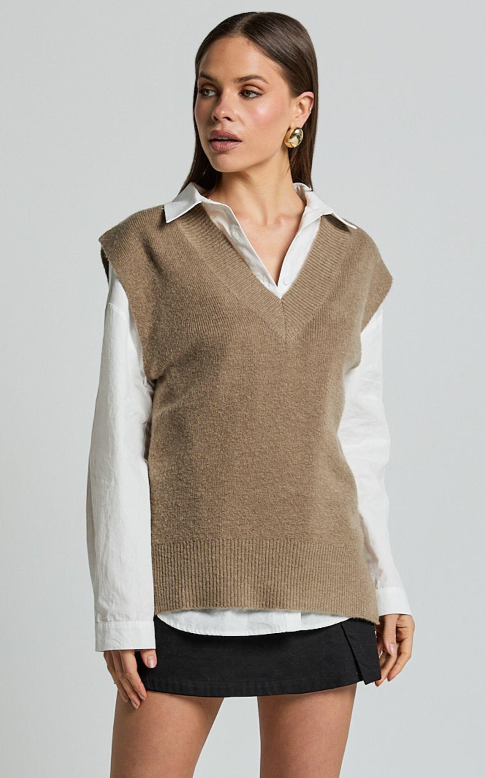 Chenelle Top - Sleeveless Knit Sweater Vest in Biscuit Product Image