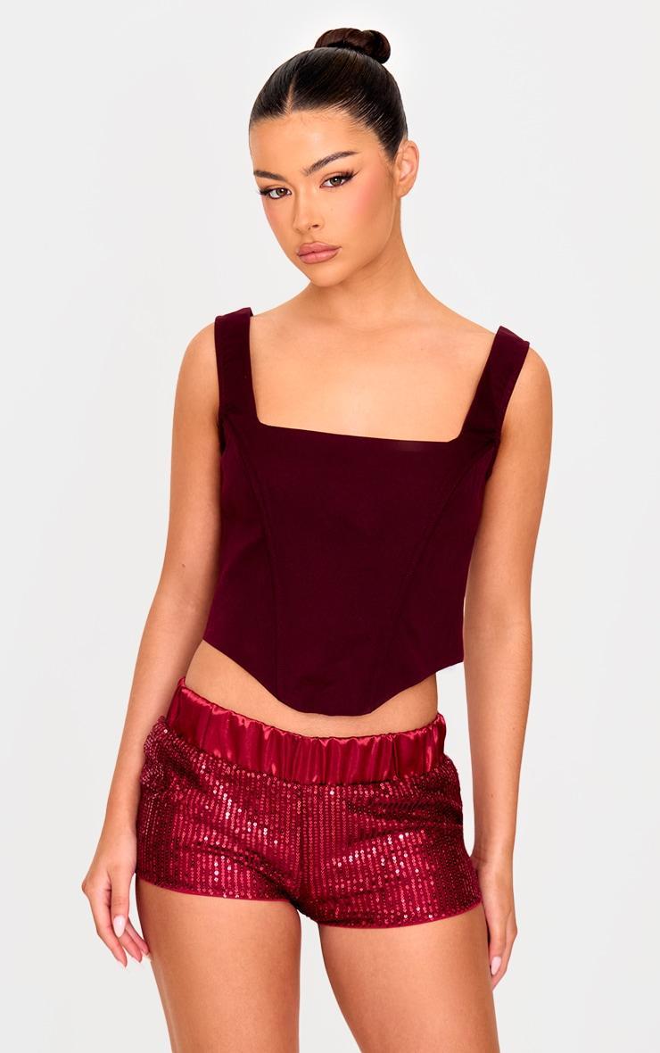 Burgundy Waistband Detail Sequin Mini Shorts Product Image