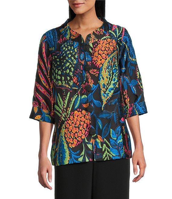 Caroline Rose Jackie Colorful Exotic Print Cloque Mock Collar 3/4 Cuffed Sleeve Button Front Statement Jacket Product Image