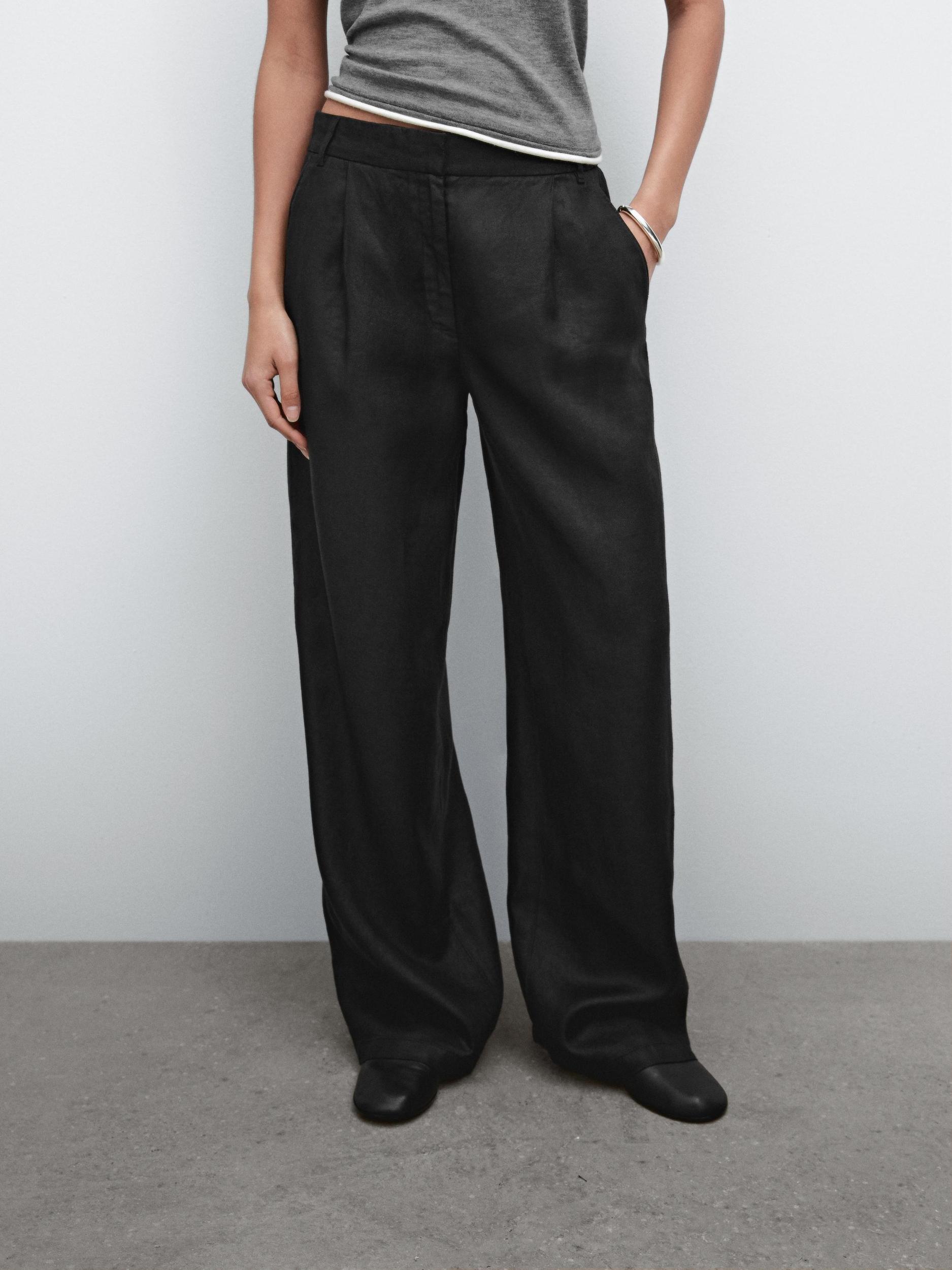 100% linen wide-leg elastic detail trousers Product Image
