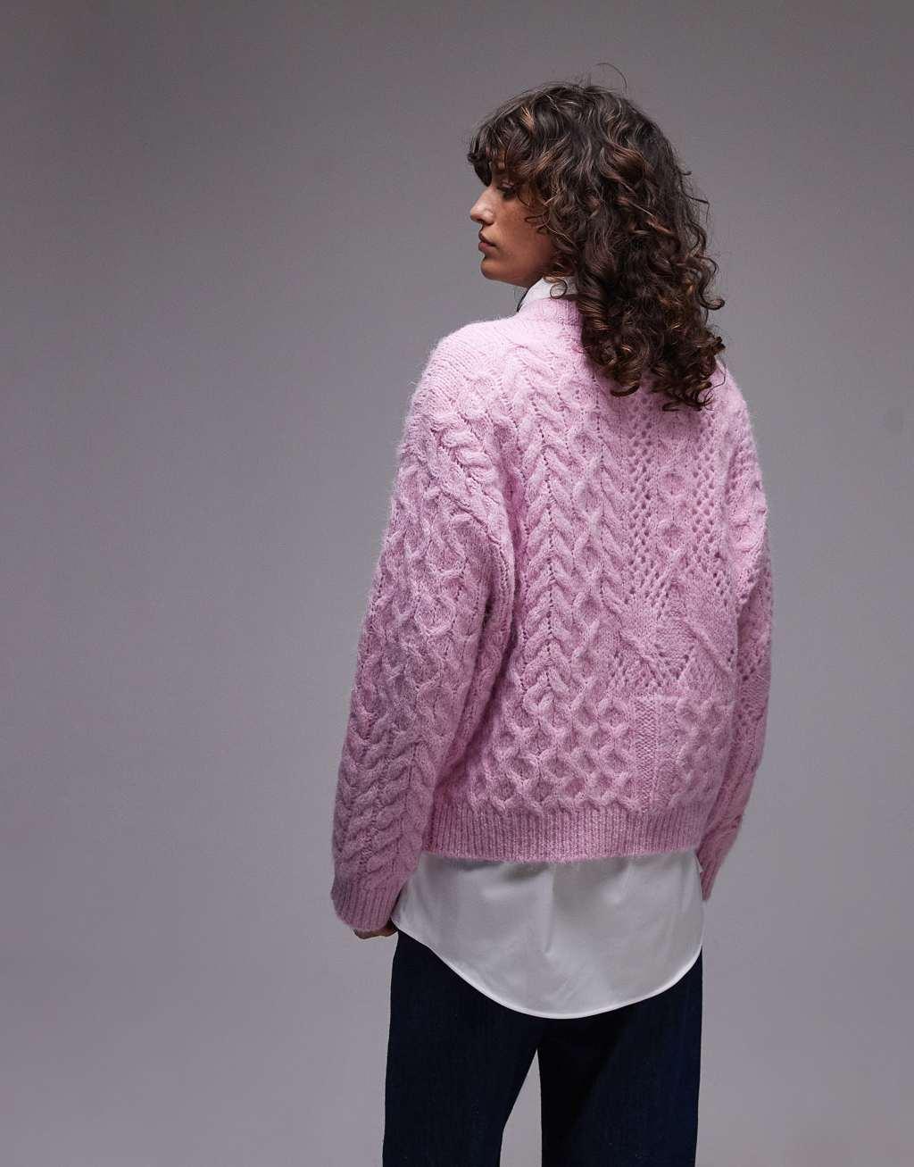 Topshop lofty cable knit relaxed sweater in pink Product Image