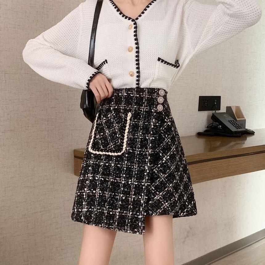 High Rise Plaid Asymmetrical Mini A-Line Skirt Product Image