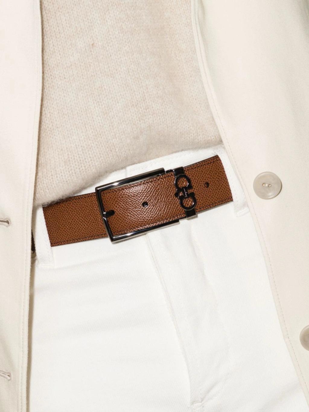 FERRAGAMO Brown Mini Gancini Buckle Leather Belt Product Image