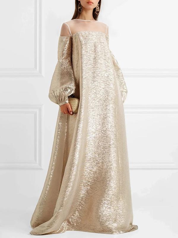 A-Line Loose Gauze See-Through Shiny Split-Joint Round-Neck Evening Dresses Maxi Dresses Product Image