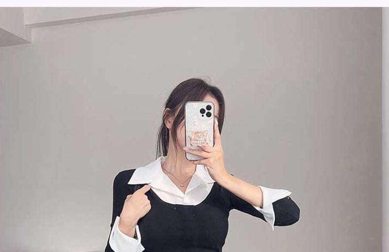 Long-Sleeve Collar Two Tone Mock Two-Piece Mini A-Line Dress Product Image