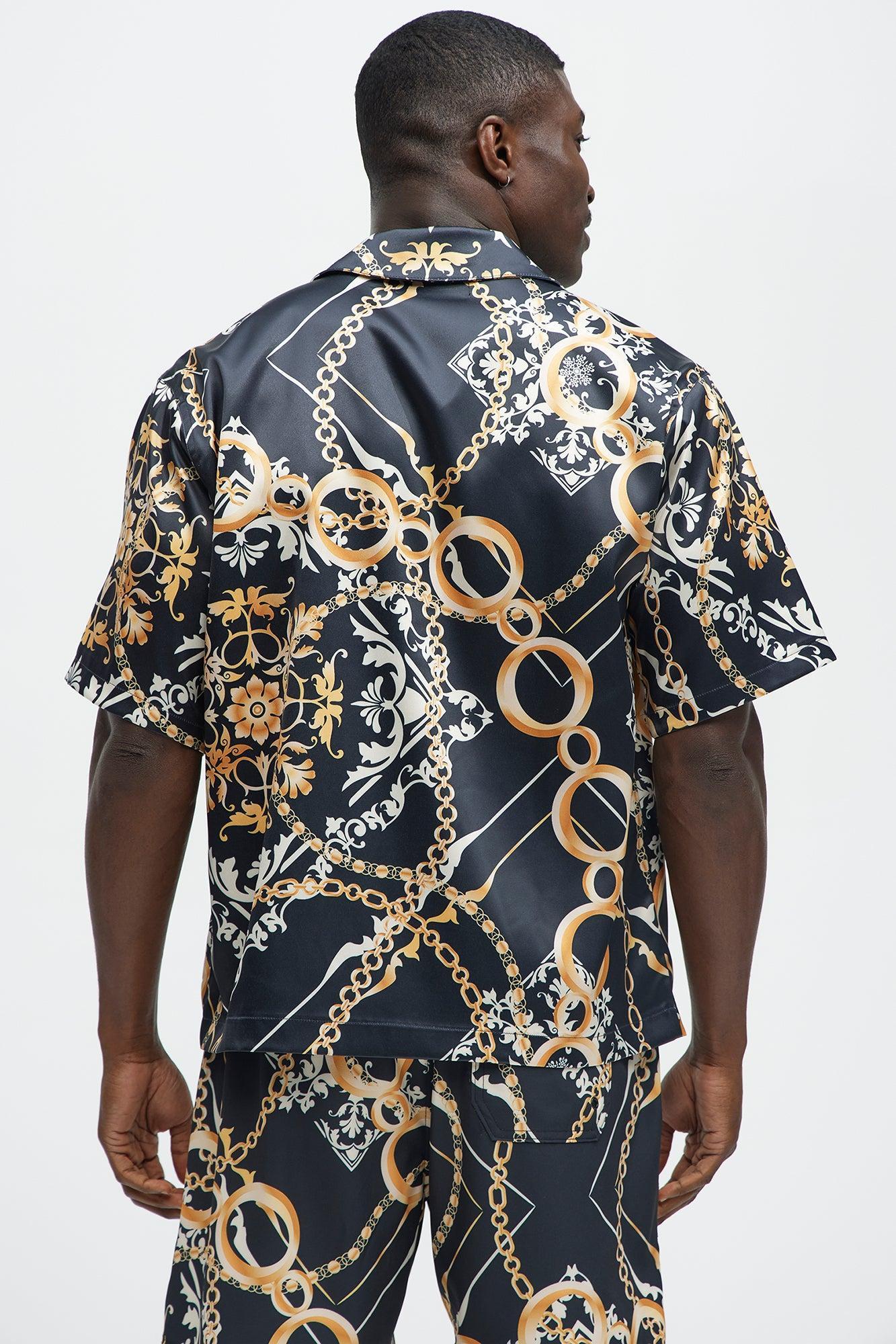 Baroque Chain Cuban Collar Button Up Shirt - Black/Gold Product Image