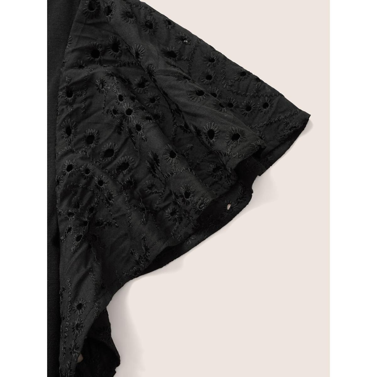 Plus Size Solid Broderie Anglaise Ruffle Cap Sleeve T-shirt Black Women Resort Cut-Out Round Neck Vacation T-shirts BloomChic 22-24/3X Product Image
