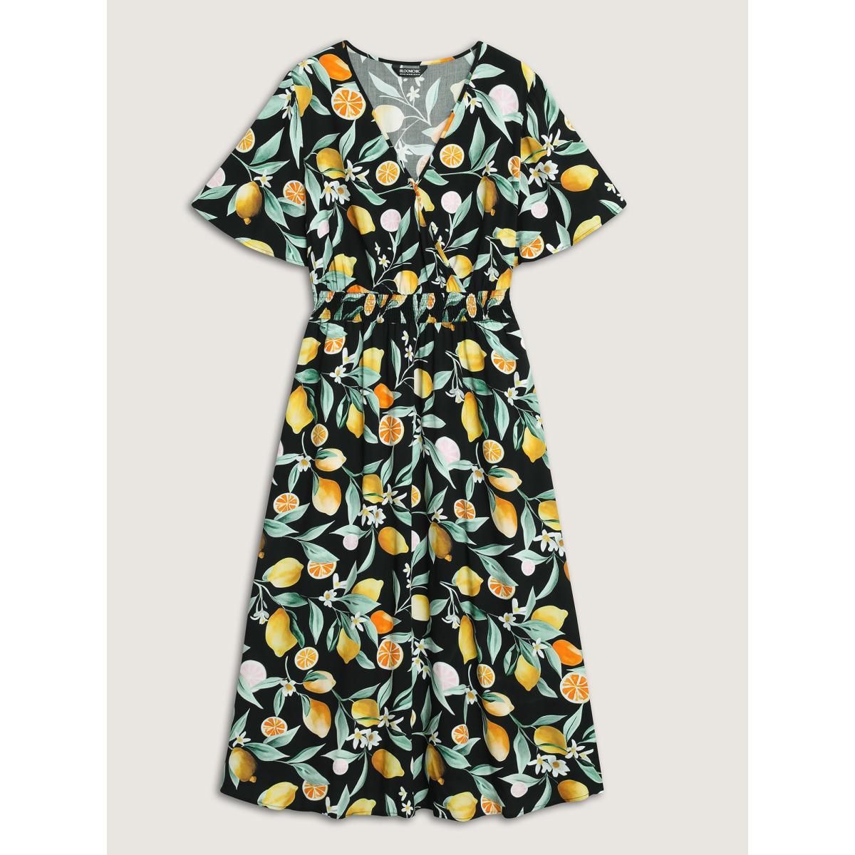 Plus Size Citrus Print Overlap Neck Shirred Midi Dress Black Women Timeless Overlap Collar Short sleeve Curvy BloomChic 14-16/1X Product Image