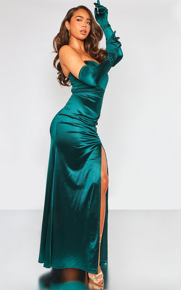 Dark Green Satin Gown With Gloves Product Image