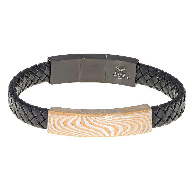 Mens LYNX Damascus Steel & Black Leather Bracelet Stainless Product Image