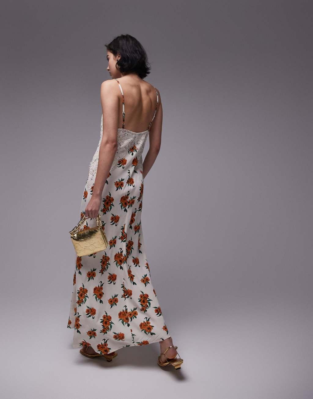 Topshop premium white and orange floral and lace maxi slip dress Product Image