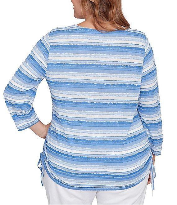 Ruby Rd. Plus Size Yarn-Dyed Eyelash Stripe Scoop Neck 3/4 Sleeve Adjustable Side Ties Top Product Image