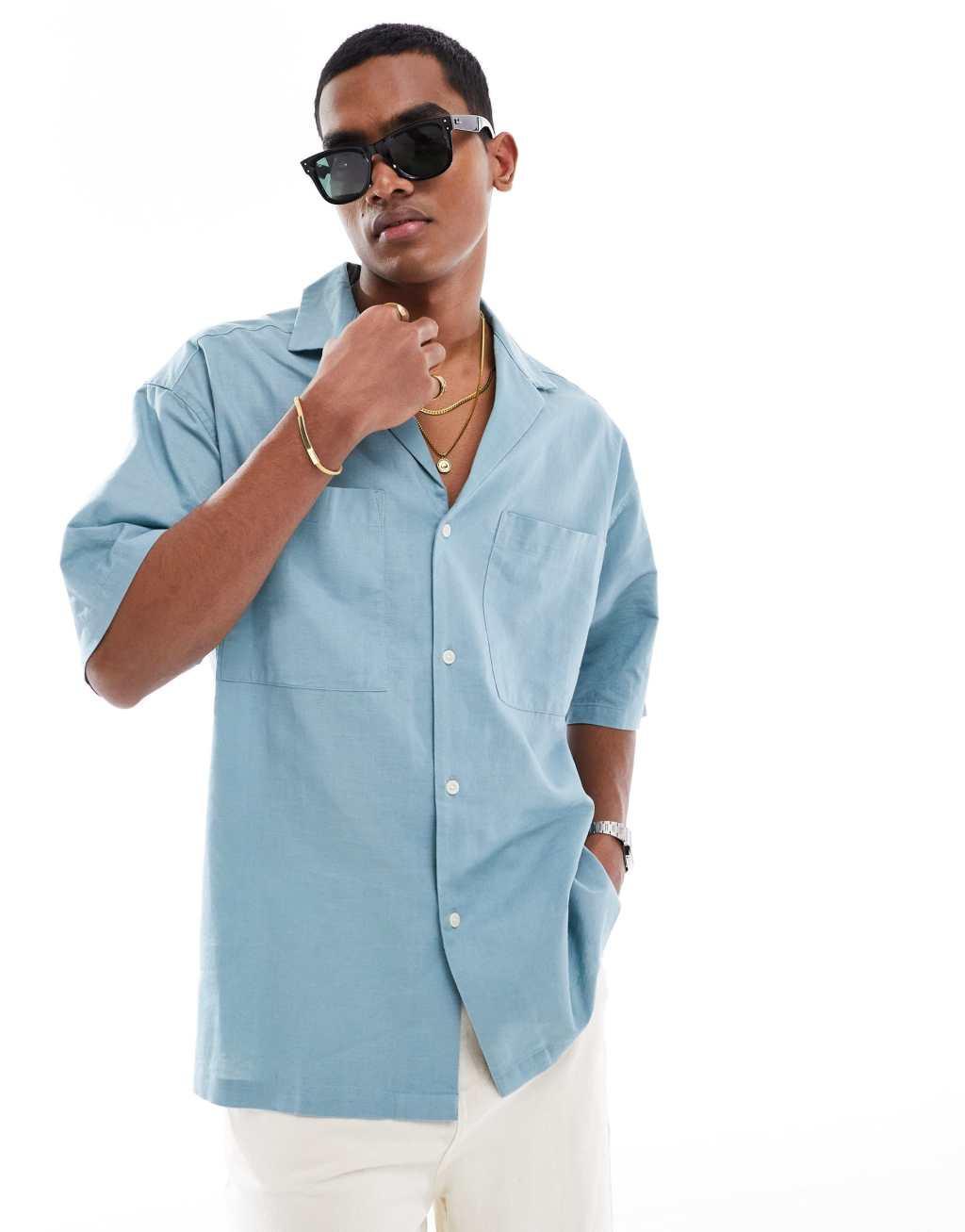 ASOS DESIGN 90s oversized linen blend shirt with deep camp collar in teal blue Product Image