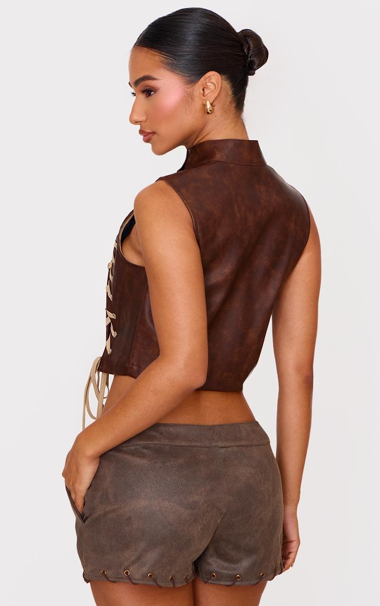 Petite Chocolate Faux Leather Lace Up Detail Zip Up Top Product Image