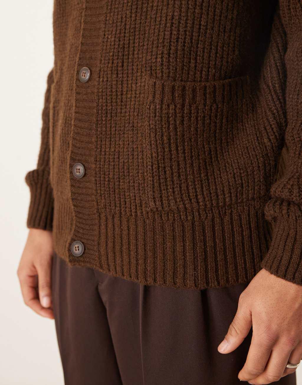 ASOS DESIGN oversized boxy fit knitted ribbed crew neck cardigan in brown Product Image