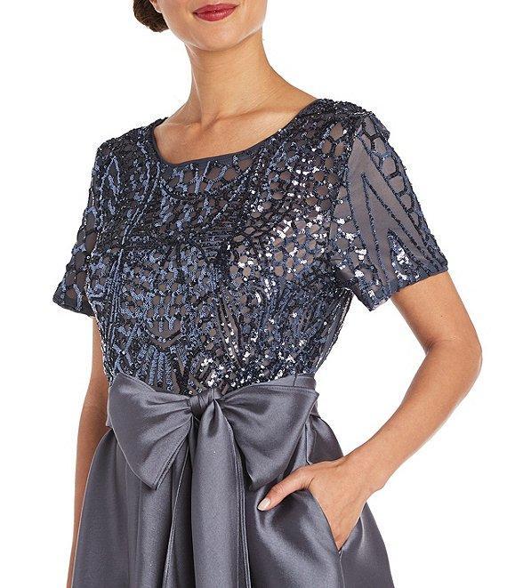 R & M Richards Scoop Neck Short Sleeve Embroidered Sequin High-Low Gown Product Image