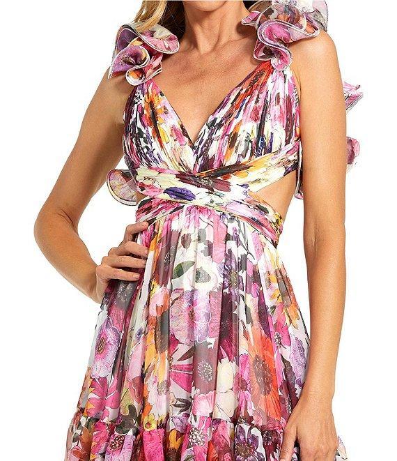 Mac Duggal Floral Chiffon V-Neck Ruffle Shoulder Sleeveless Side Cut-Out Tiered Midi Dress Product Image