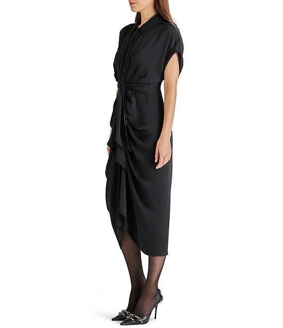 Steve Madden Tori Satin Point Collar Short Kimono Cuff Sleeve Belted Ruched Front Asymmetrical Hem Midi Shirt Dress Product Image