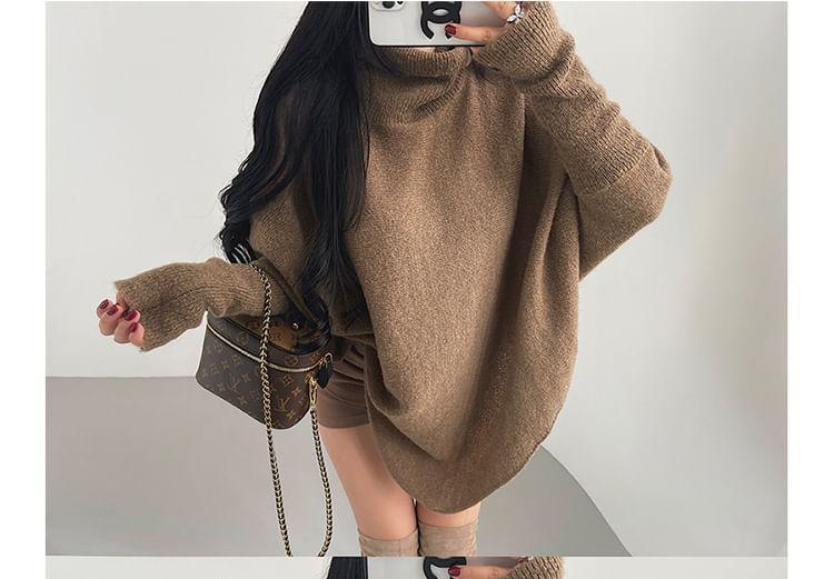 Bat Sleeve Turtleneck Plain Asymmetrical Sweater Product Image