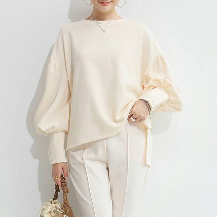 Drop Shoulder Balloon Sleeve Plain Pullover Product Image