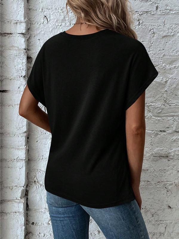 Batwing Sleeves Loose Asymmetric Pleated Solid Color Split-Joint Round-Neck T-Shirts Product Image