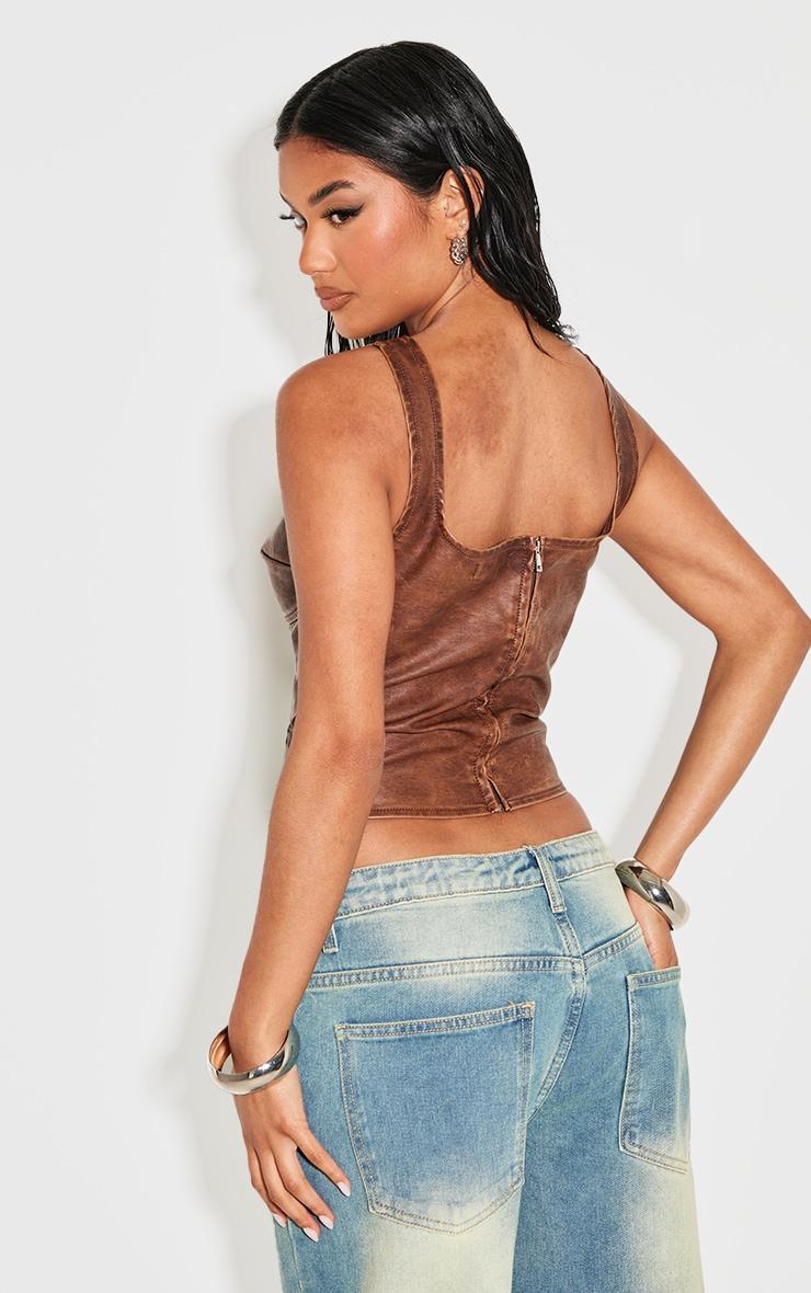 Chocolate Washed Faux Leather Lace Up Corset Product Image