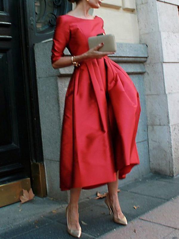 A-Line Loose Pleated Pockets Solid Color Split-Joint Round-Neck Midi Dresses Product Image