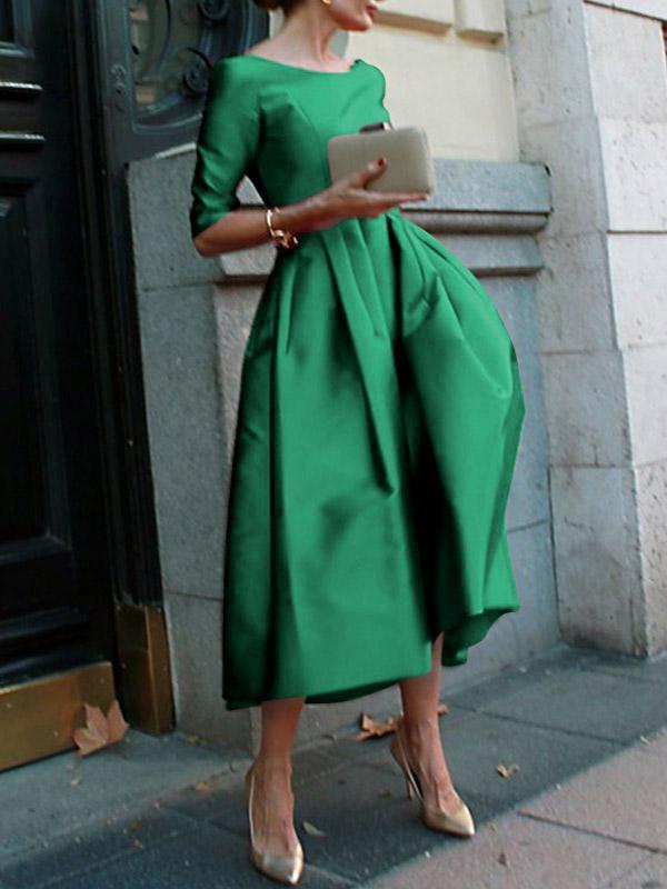 A-Line Loose Pleated Pockets Solid Color Split-Joint Round-Neck Midi Dresses Product Image