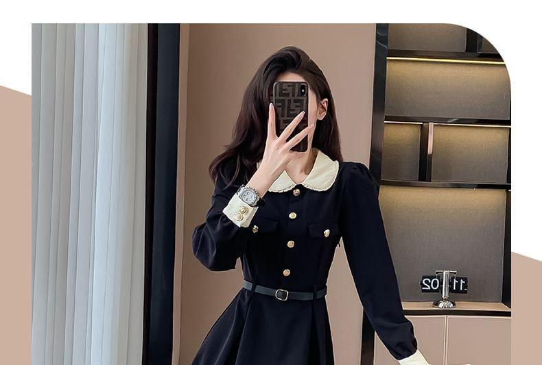 Long-Sleeve Contrast Collar Button-Up Midi A-Line Dress Product Image