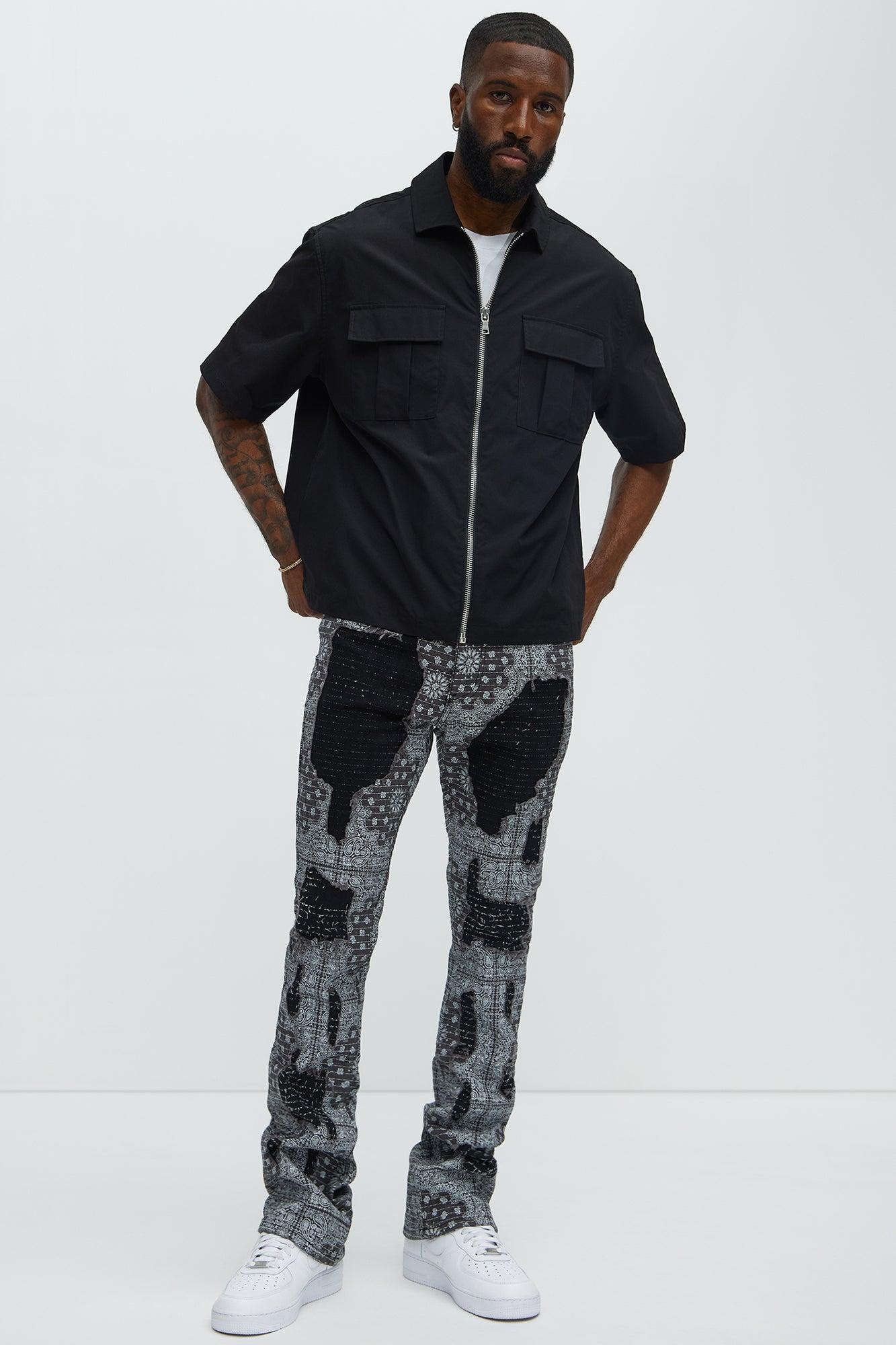 Shredded Shock Distressed Stacked Skinny Flare Jeans - Black Product Image