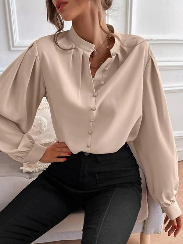 Loose Puff Sleeves Pleated Solid Color Split-Joint Stand Collar Blouses Product Image