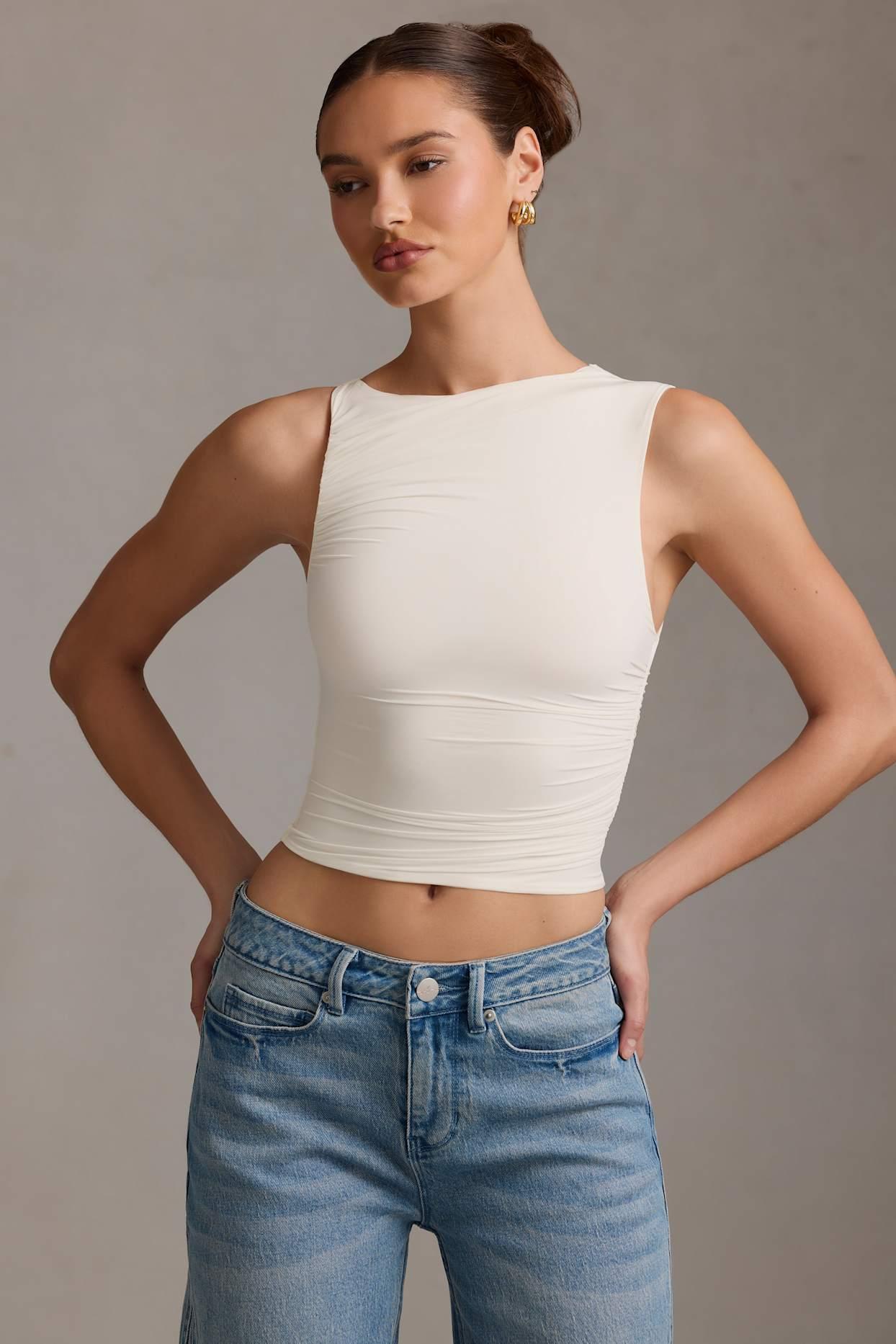 Asymmetric Ruched Tank Top in Vanilla Product Image