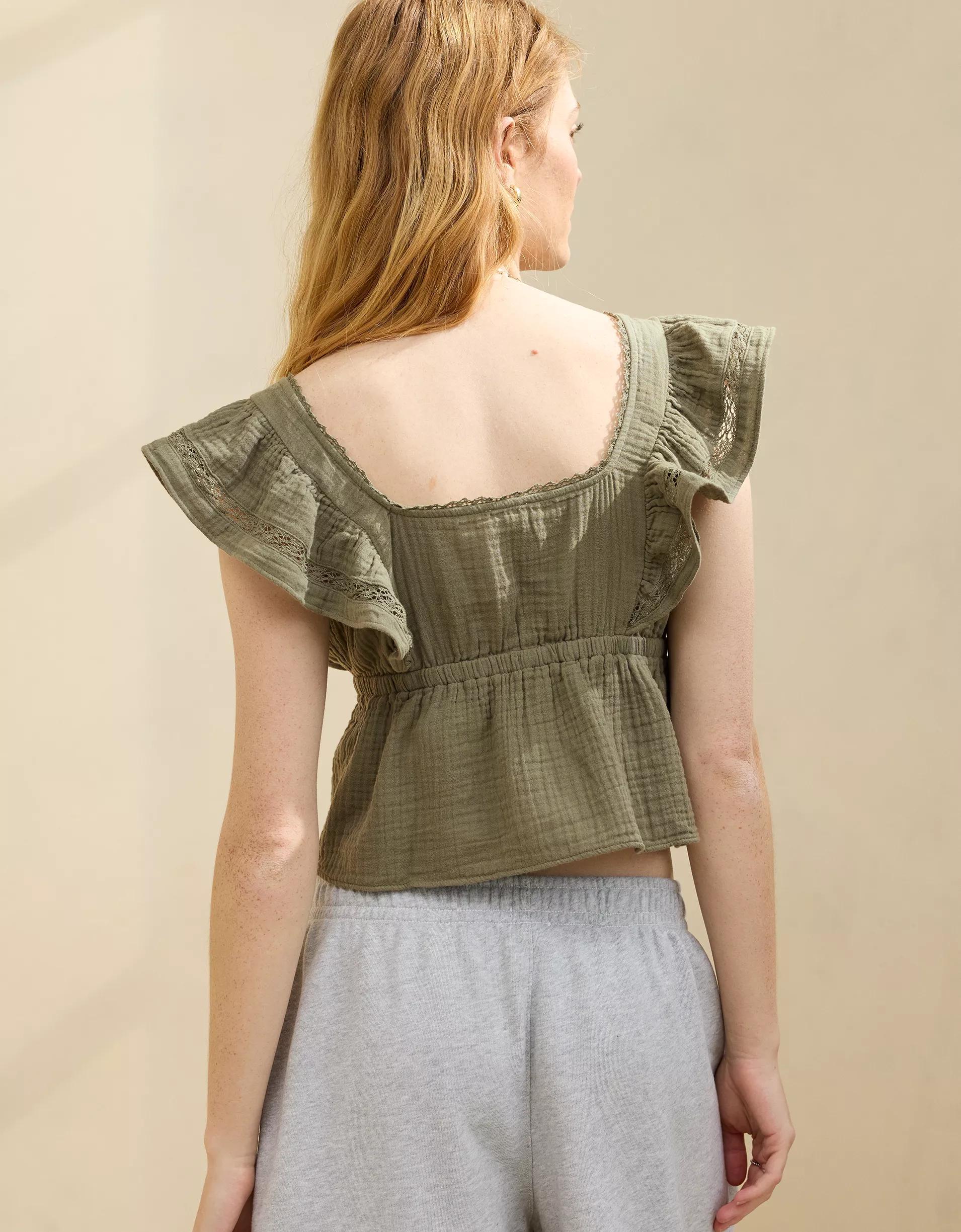Aerie Button Front Ruffle Sleeve Top Product Image