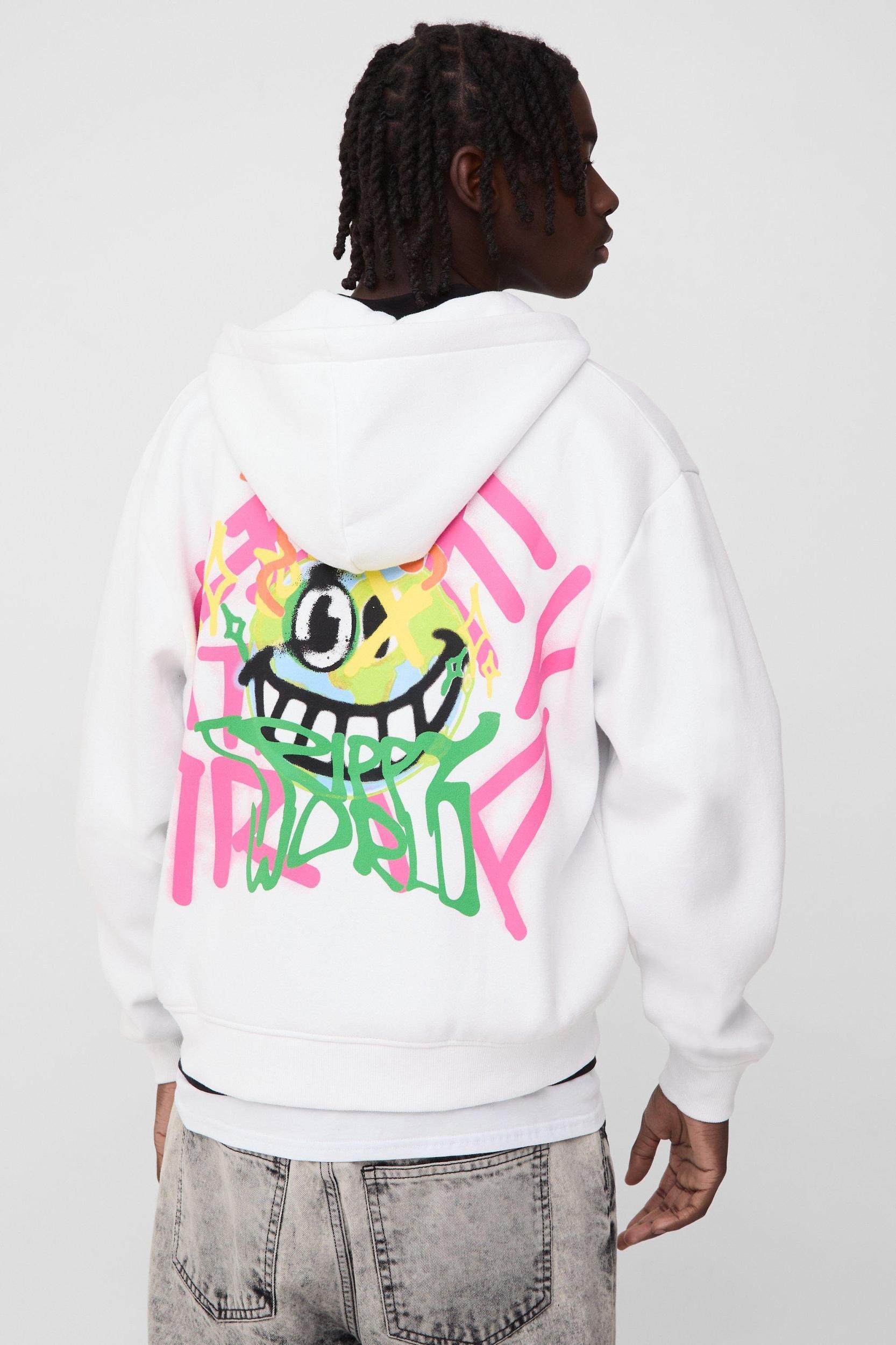 Oversized Boxy Doodle Zip Through Graphic Puff Print Hoodie | boohooMAN USA Product Image