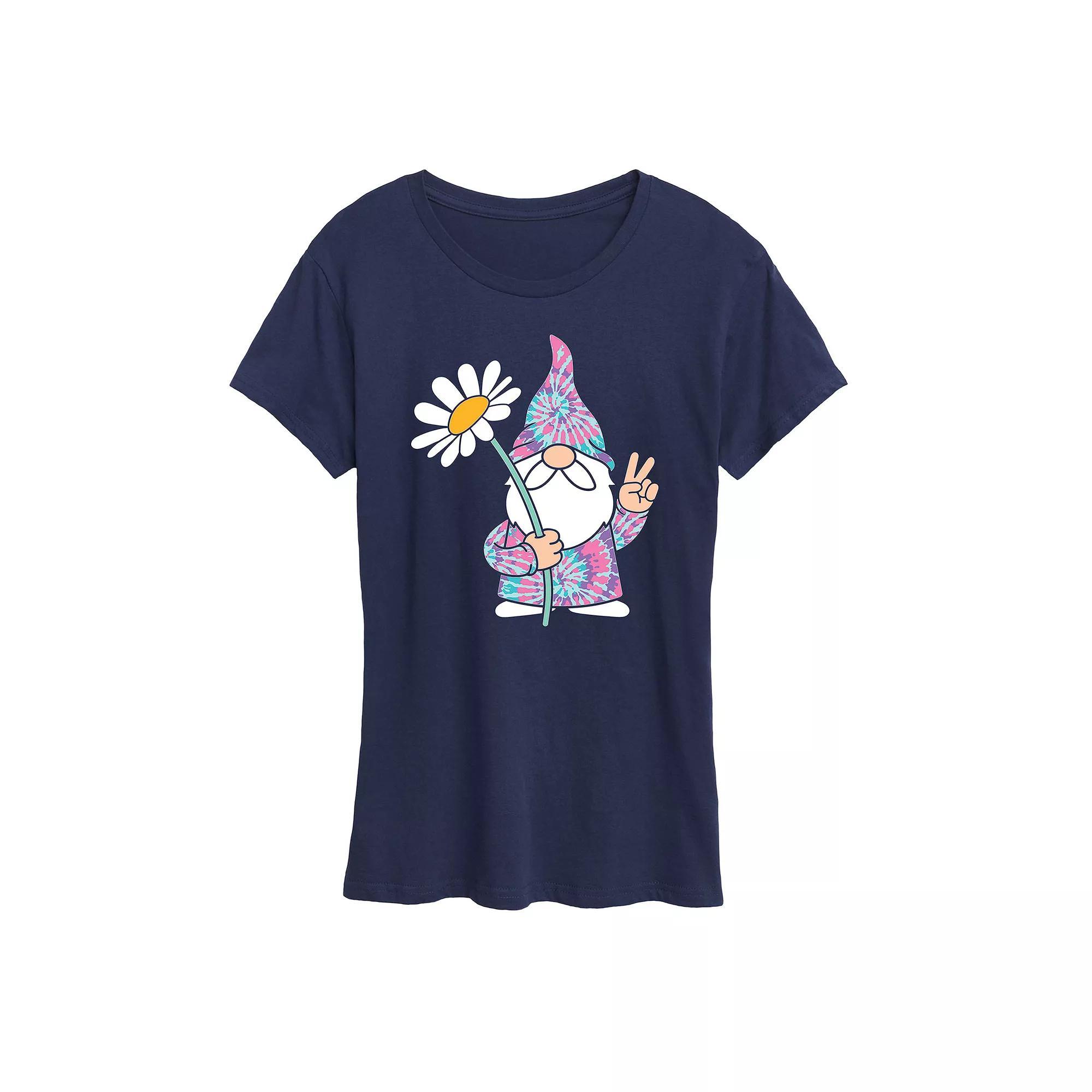 Women's Tie Dye Gnome With Daisy Graphic Tee, Size: Large, Blue Product Image