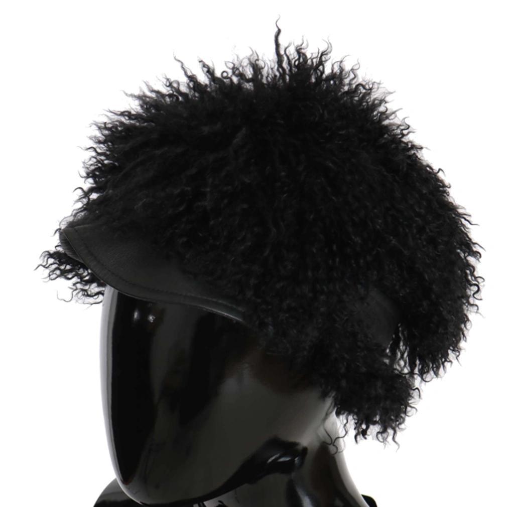 DOLCE & GABBANA Black Tibet Lamb Fur Leather Gatsby Hat Product Image