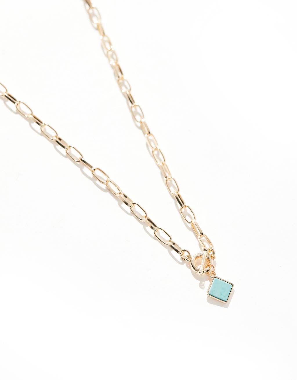 ASOS DESIGN Curve necklace with open link t-bar design with semi precious style square pendant in gold tone Product Image