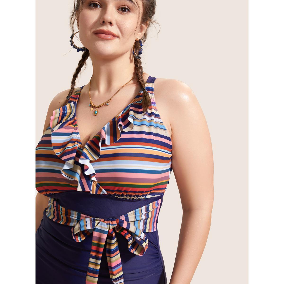 Plus Size Contrast Striped Ruffle Trim Ties One Piece Swimsuit Women's Swimwear Midnight Beach Belted Curve Bathing Suits High stretch One Pieces BloomChic 14-16/1X Product Image