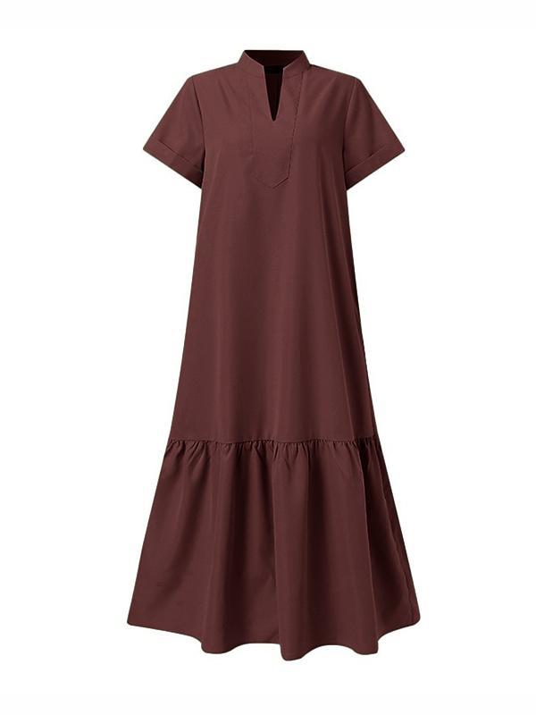 A-Line Loose Solid Color Split-Joint V-Neck Maxi Dresses Product Image