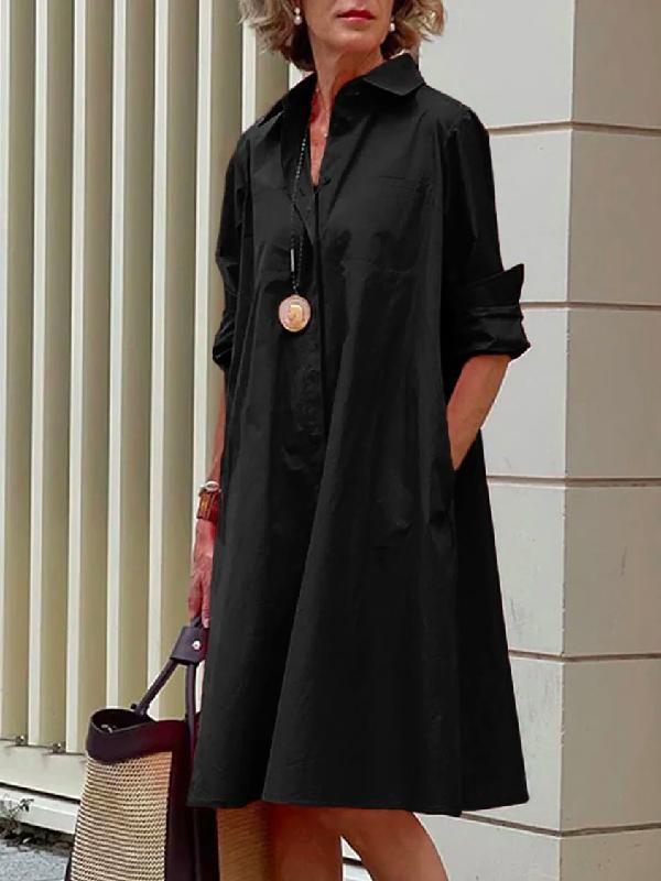 Simple Long Sleeves Solid Color Lapel Midi Dress Product Image