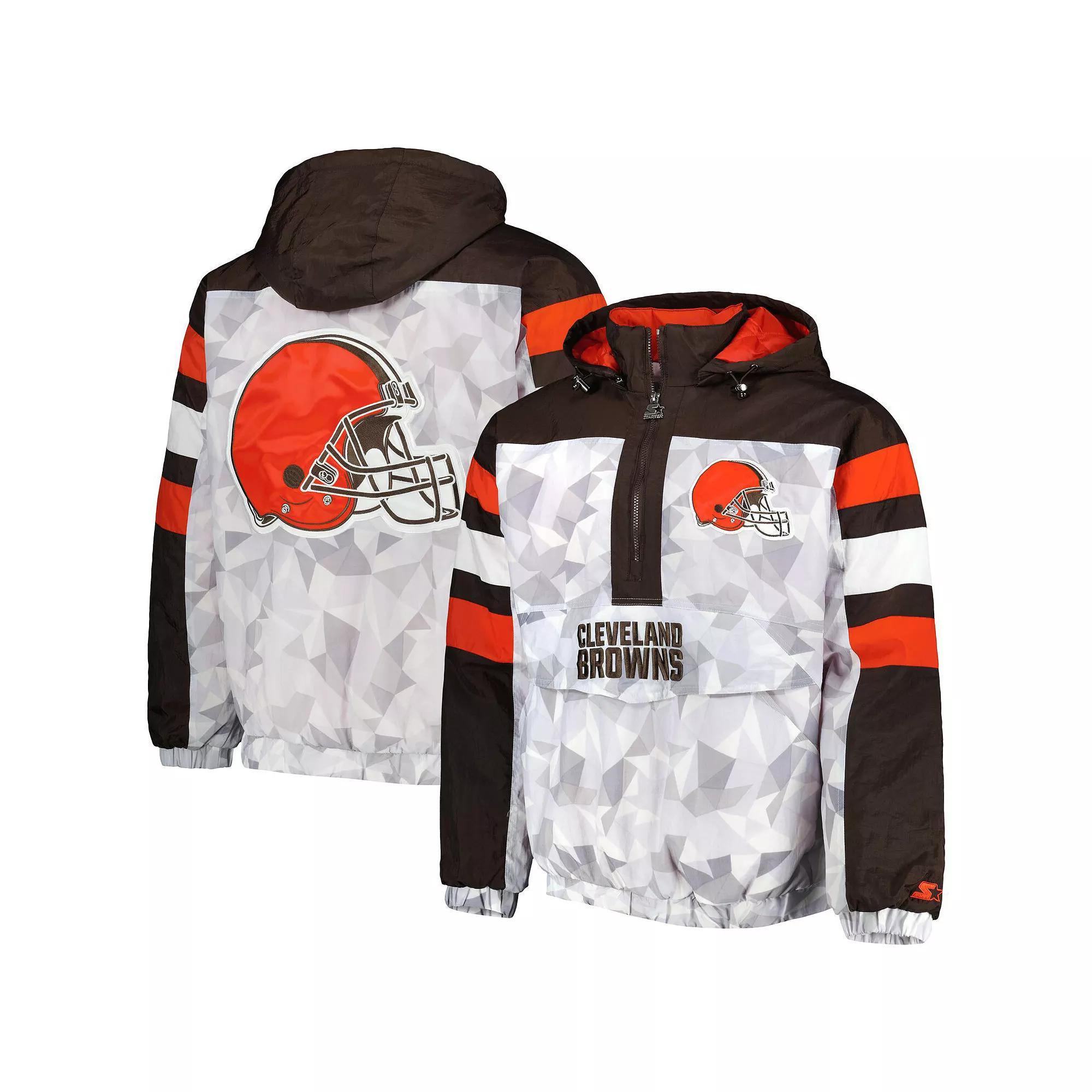Men's Starter White/Brown Cleveland Browns Thursday Night Gridiron Raglan Half-Zip Hooded Jacket, Size: Large Product Image
