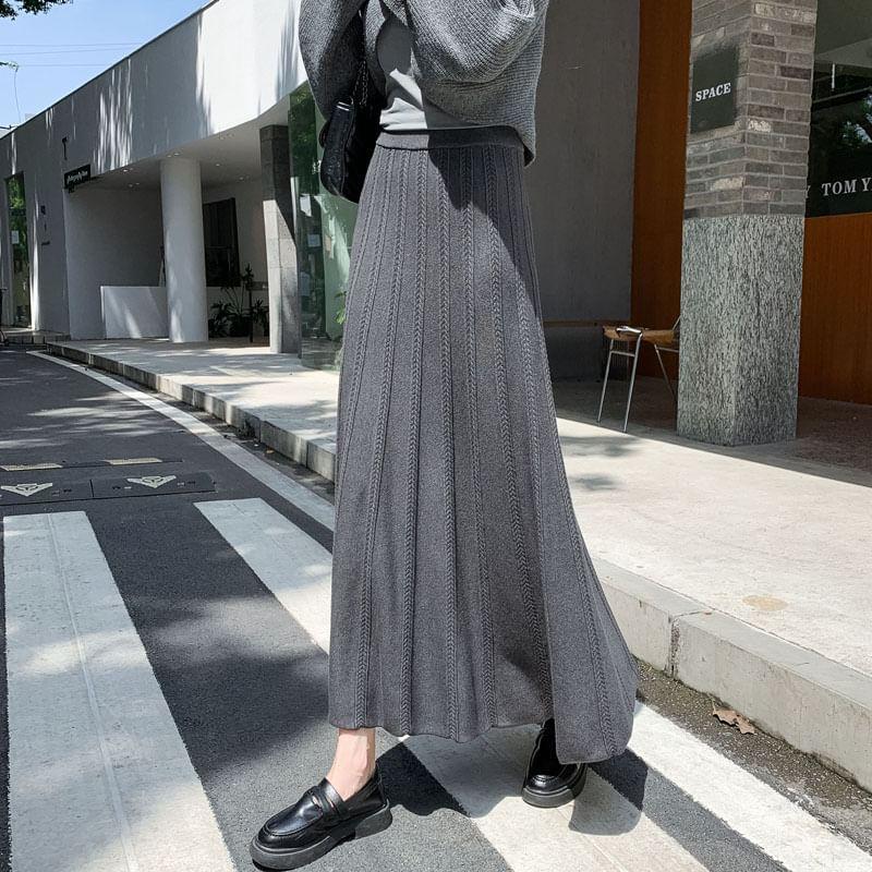 High Waist Plain Knit Midi A-Line Skirt Product Image