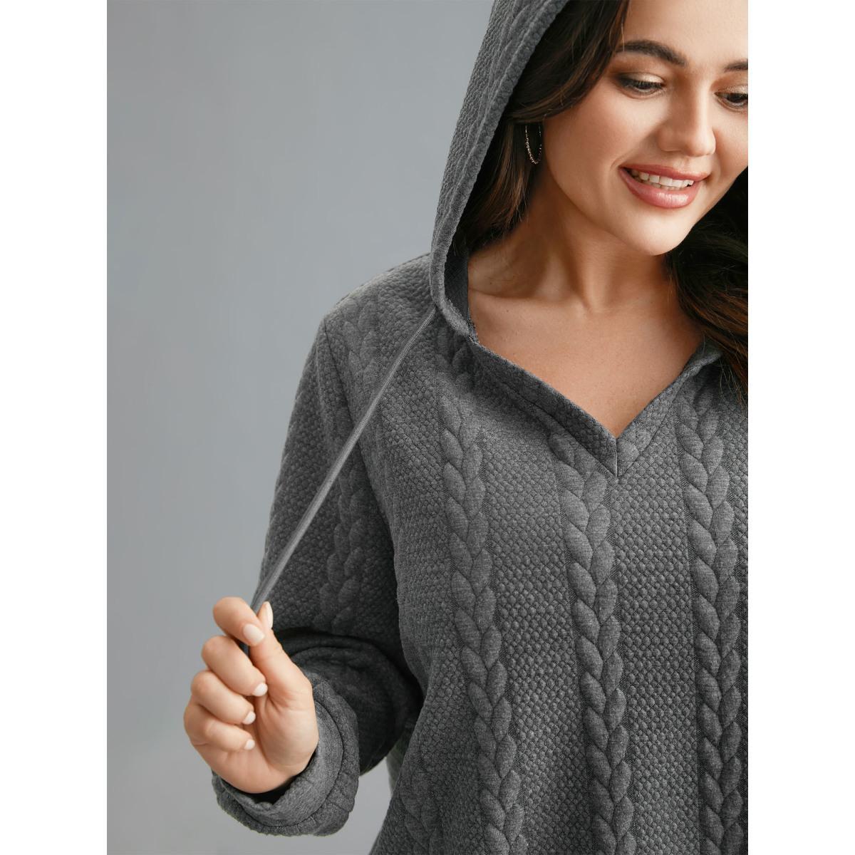 Plus Size Cable Knit V-Neck Ribbed Hem Hoodie Women DimGray Casual Texture Hooded Everyday Sweatshirts BloomChic 14-16/1X Product Image